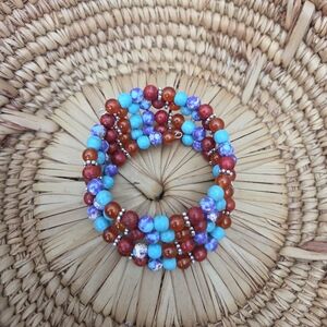 Turquoise Red Apple Coral Jasper Mix Beaded Wrap Bracelet Southwestern Boho Gift